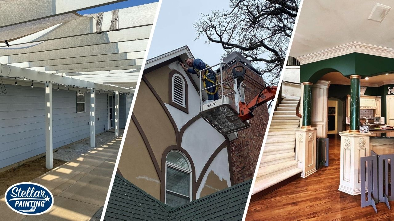 This is a split image of a painter, a blue house, and a beautiful interior in Fort Worth.