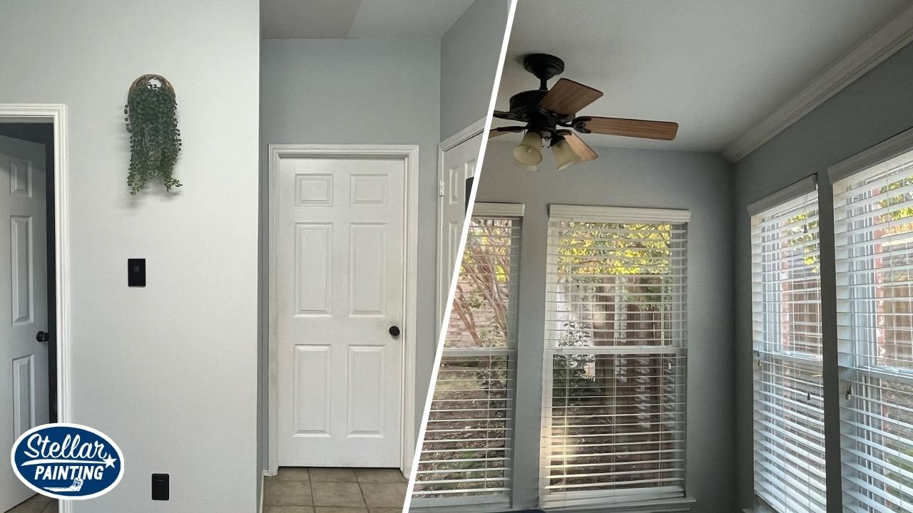 This is a split image of interior painting. The walls are painted with gray paint.