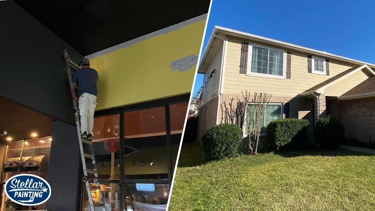 This is a split imaeg of commercial painting and residential painting in Fort Worth.
