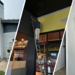 This is a split image of painting contactor, a white exterior wall, and gray interior wall in Fort Worth, TX.