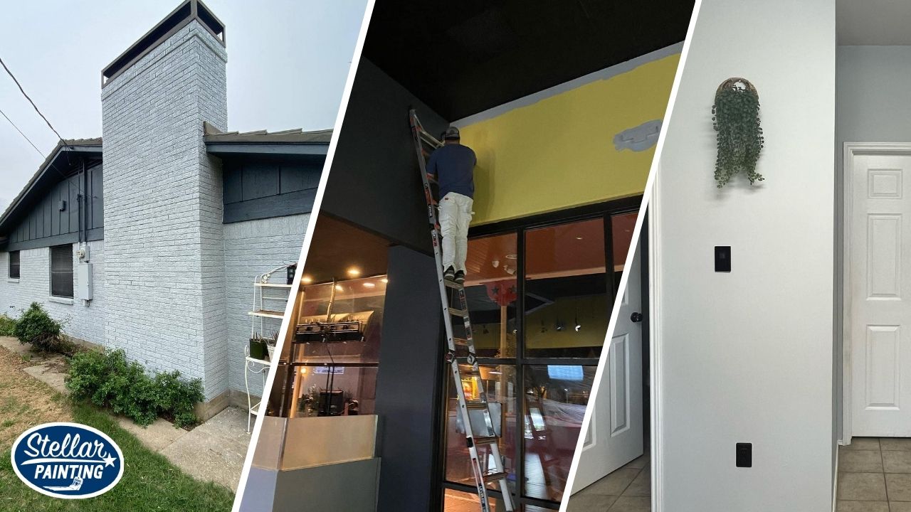 This is a split image of painting contactor, a white exterior wall, and gray interior wall in Fort Worth, TX.