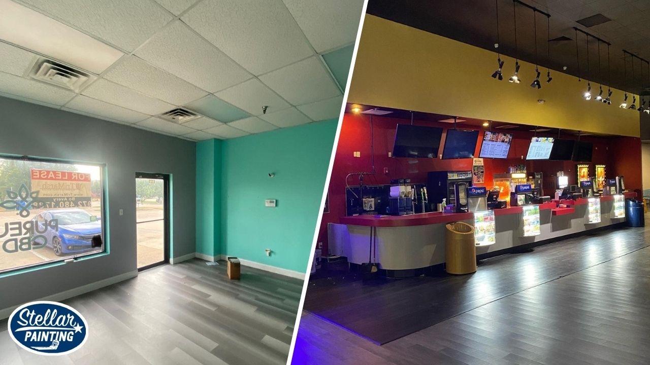This is a split image of commercial painting in Fort Worth, TX.