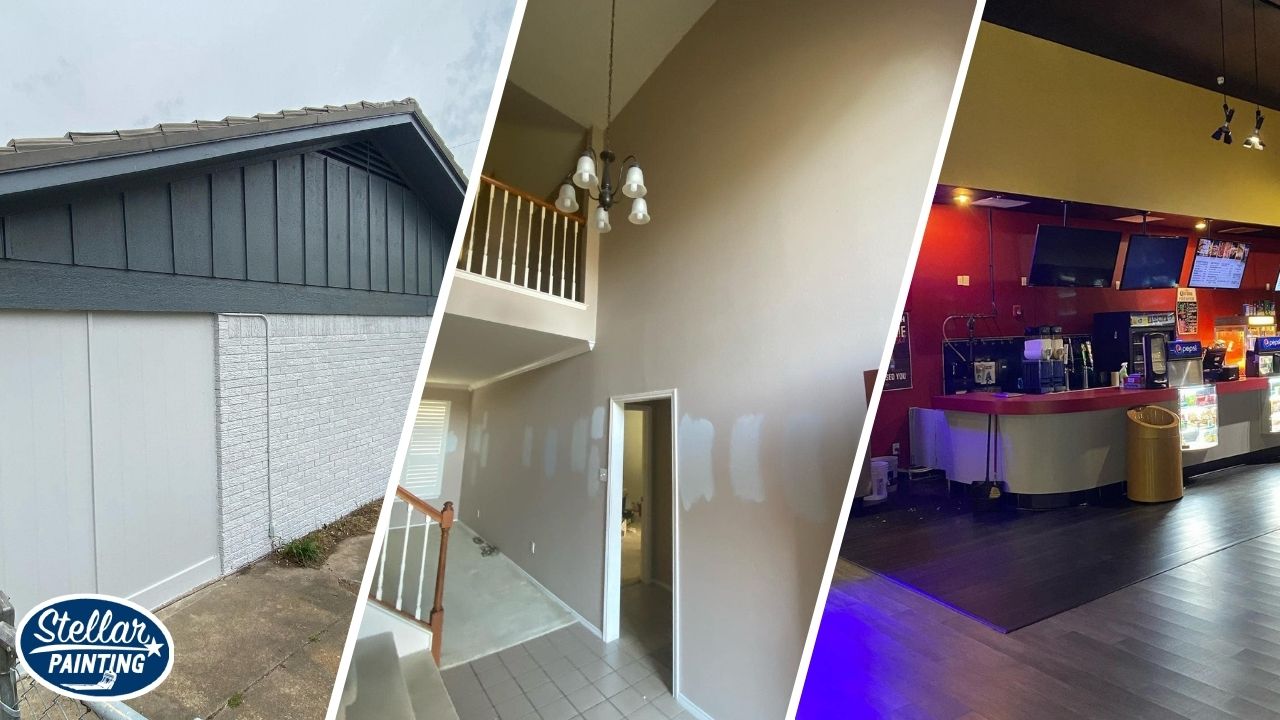 This is a split image of white exterior wall, a living room that is newly painted, and a commercial painting in Fort Worth, TX.