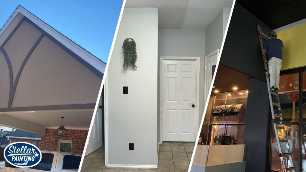 This is a split image of gray painted wall, an exterior painting with brown and gray paint.