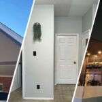 This is a split image of gray painted wall, an exterior painting with brown and gray paint.