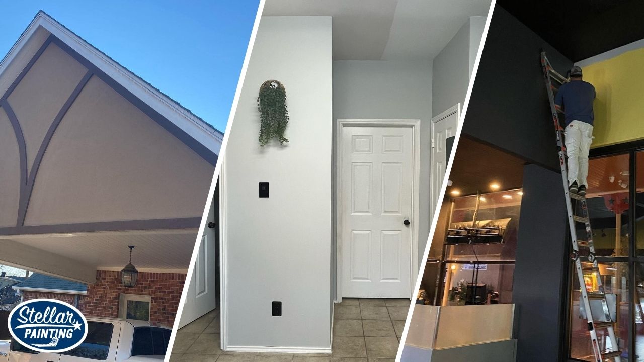 This is a split image of gray painted wall, an exterior painting with brown and gray paint.