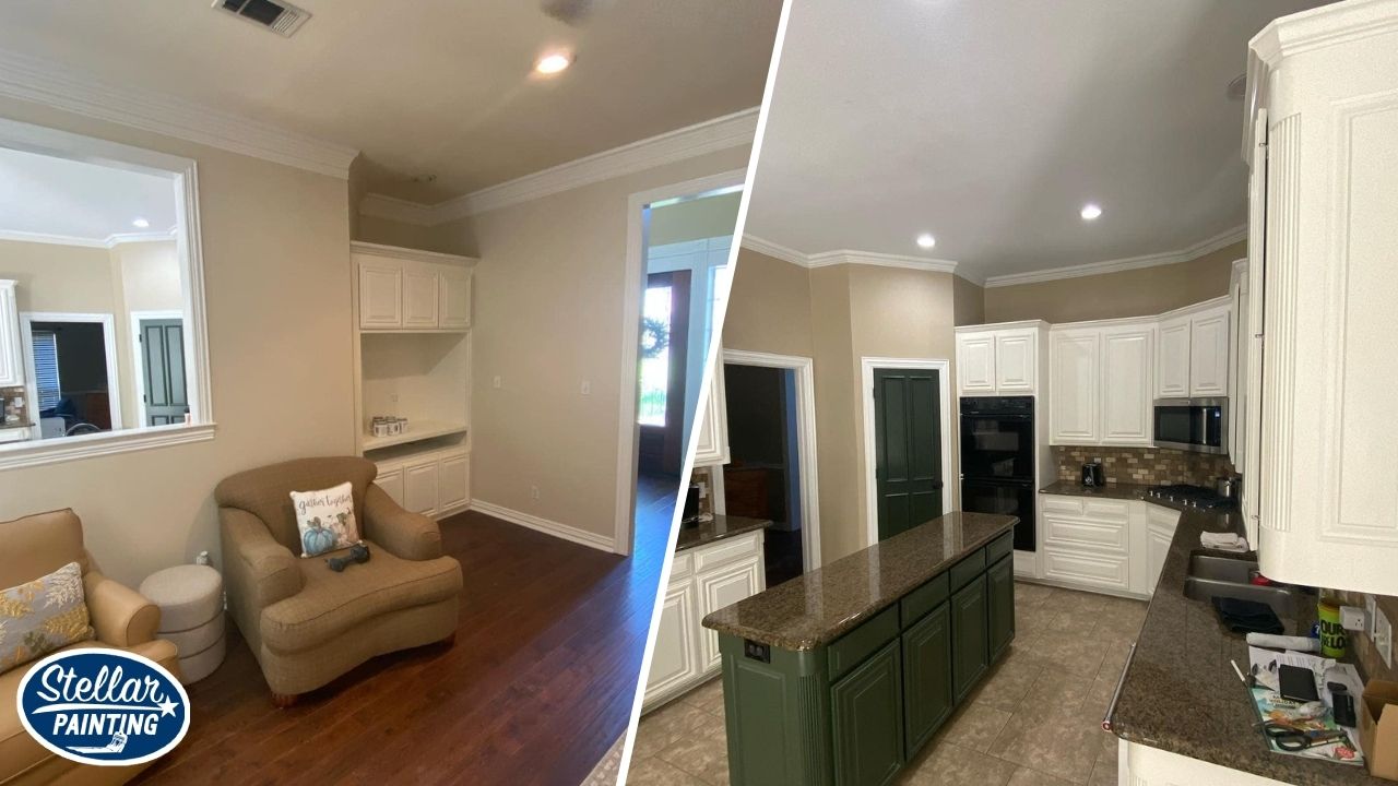 This is a split image of a living room and kitchen cabinets in Fort Worth, TX.
